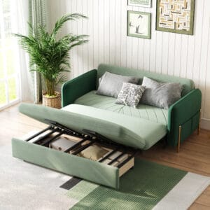 Compact convertible sleeper sofa with storage, rolls out smoothly for quick bed conversion.