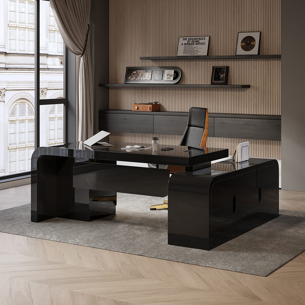 The Sicotas Collection 71 Comfortable chair featuring wide armrests and lumbar support for the Black L-shaped Executive Desk.