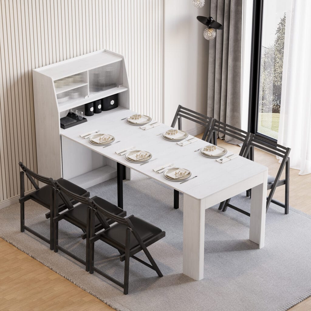 Versatile extendable dining table with storage adjusts for compact or extended use.