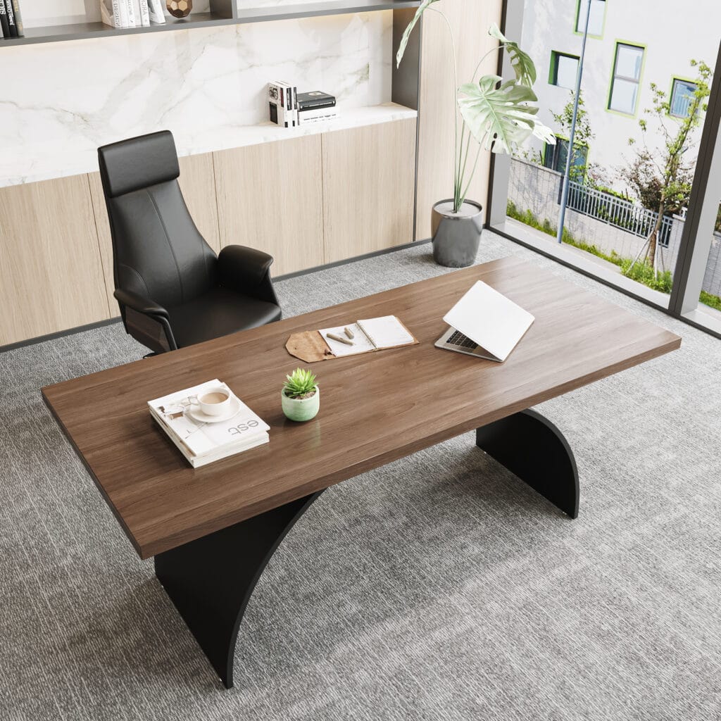 Industrial writing desk and chair set featuring a solid wood top and plush leather chair.