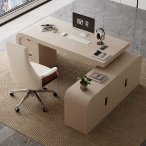 Sleek L shaped executive desk white paired with a comfortable reclining office chair.