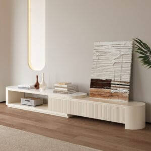 Sculptural fluting and oval silhouette define this modern tv stand with concealed storage.