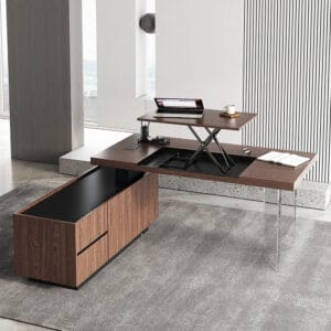 Lift-top L-Shape Executive Desk designed for modern home offices, offering sit-stand flexibility.