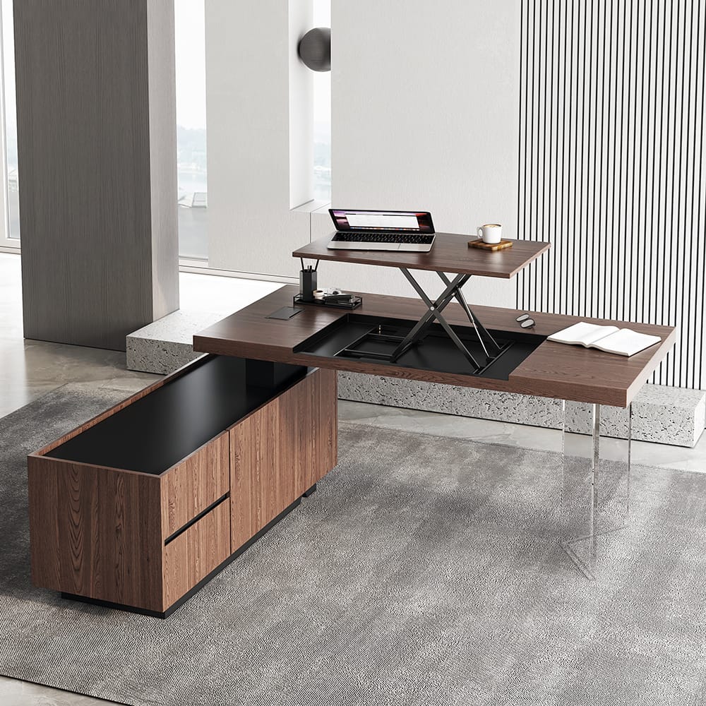The Sicotas Collection 68 Lift-top L-Shape Executive Desk designed for modern home offices, offering sit-stand flexibility.