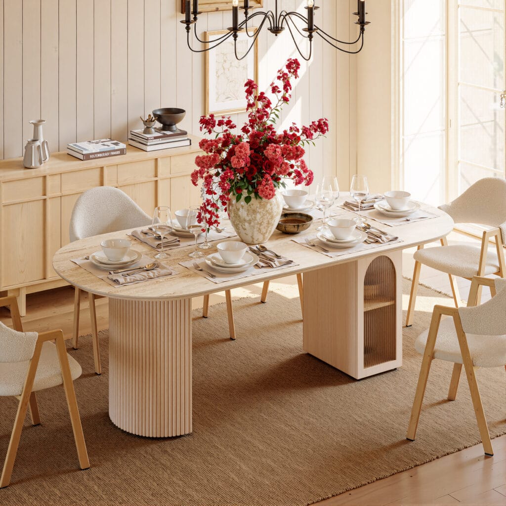 Stylish Faux Travertine Oval Dining Table featuring hidden pedestal storage for organization.