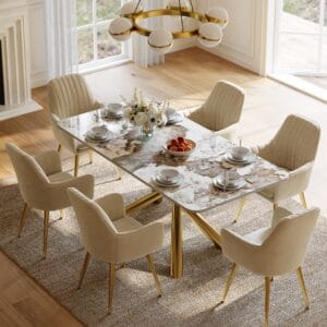Durable sintered stone top and gold trestle base create a stylish modern dining table.