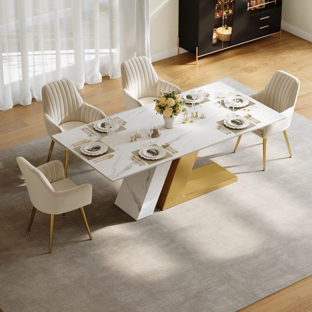 Stylish faux marble dining table offers a scratch-resistant and easy-to-clean surface.