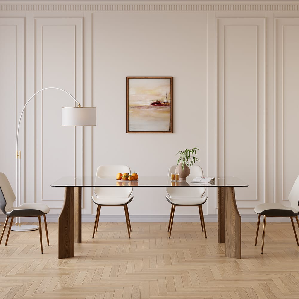 Dining Room Furniture 5 Modern walnut glass dining table with a sleek tempered glass top and solid wood base.