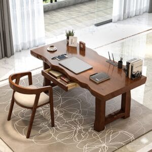 Spacious rubberwood surface and sturdy legs create a rustic executive office desk.