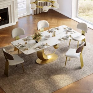 Sintered stone top and gold stainless steel base create a modern white dining table.