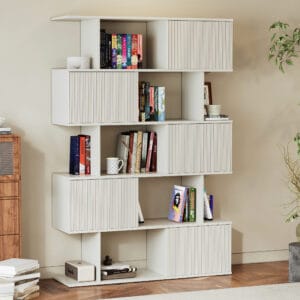 Elegant matte warm white sliding door bookshelf with five tiers and fluted doors.