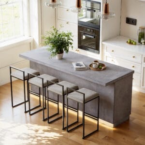 Stylish Japandi kitchen island with storage featuring a spacious tabletop and practical storage solutions.
