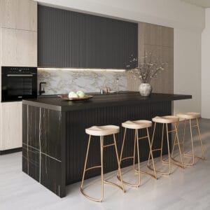 Japandi-style large kitchen island with storage designed for family meals and gatherings.