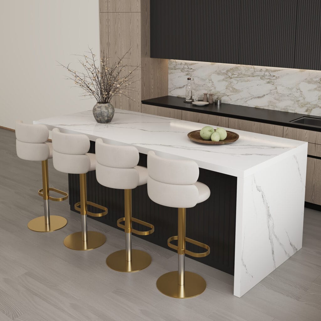 The Sicotas Collection 52 Elegant white kitchen island set featuring a marble-veneered top and ample storage.