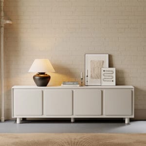 Stylish creamy ivory console featuring two cabinets and a robust base, 72 inch modern white tv stand.