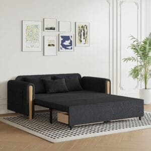 Stylish gray and black 3-seater convertible sleeper sofa with rounded armrests and cushions.