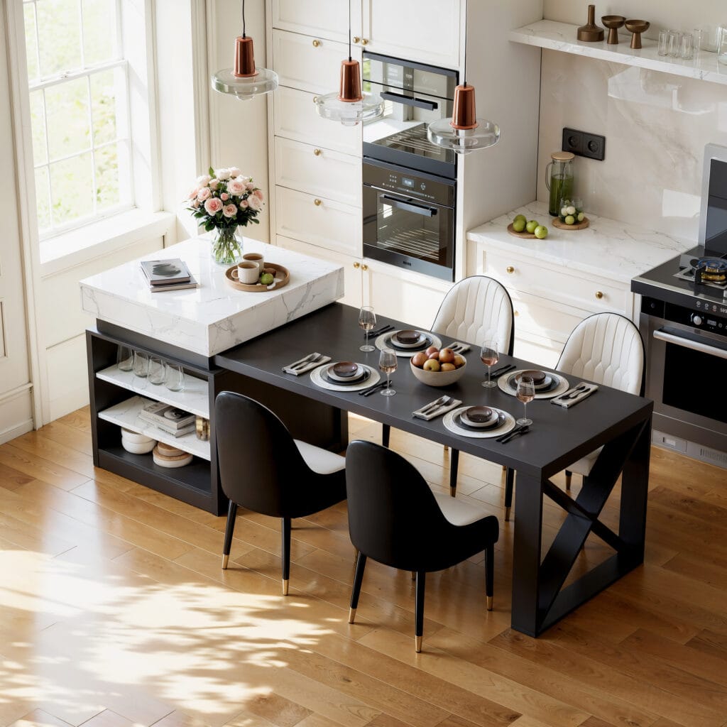 The Sicotas Collection 52 Extendable kitchen island storage features a pull-out table and double-sided compartments.
