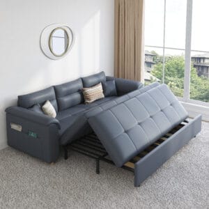 Cozy modern 2-seater sleeper sofa, a stylish faux leather daybed with trundle for small spaces.