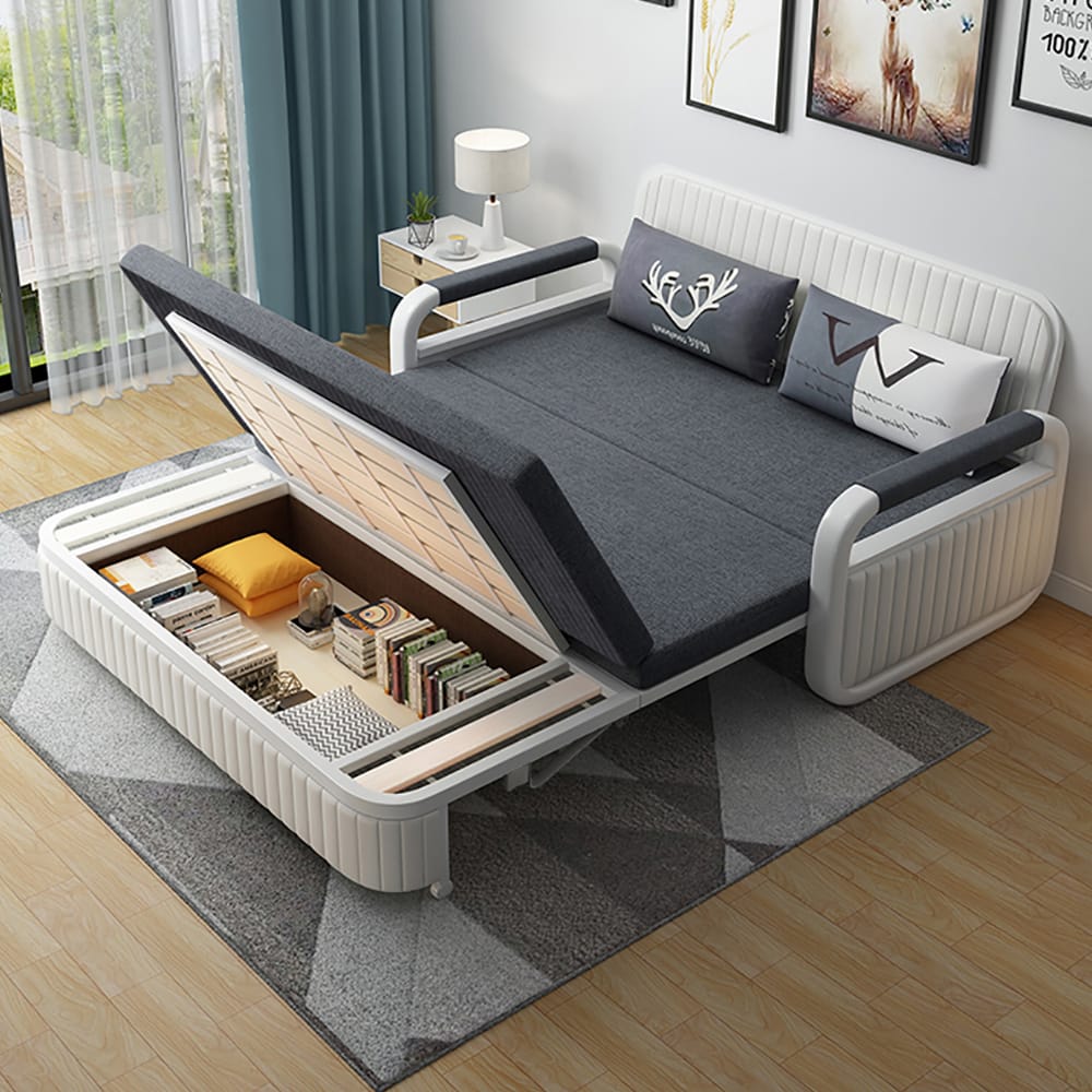 Plush cotton linen couch that transforms into a modern deep gray sleeper sofa with storage.