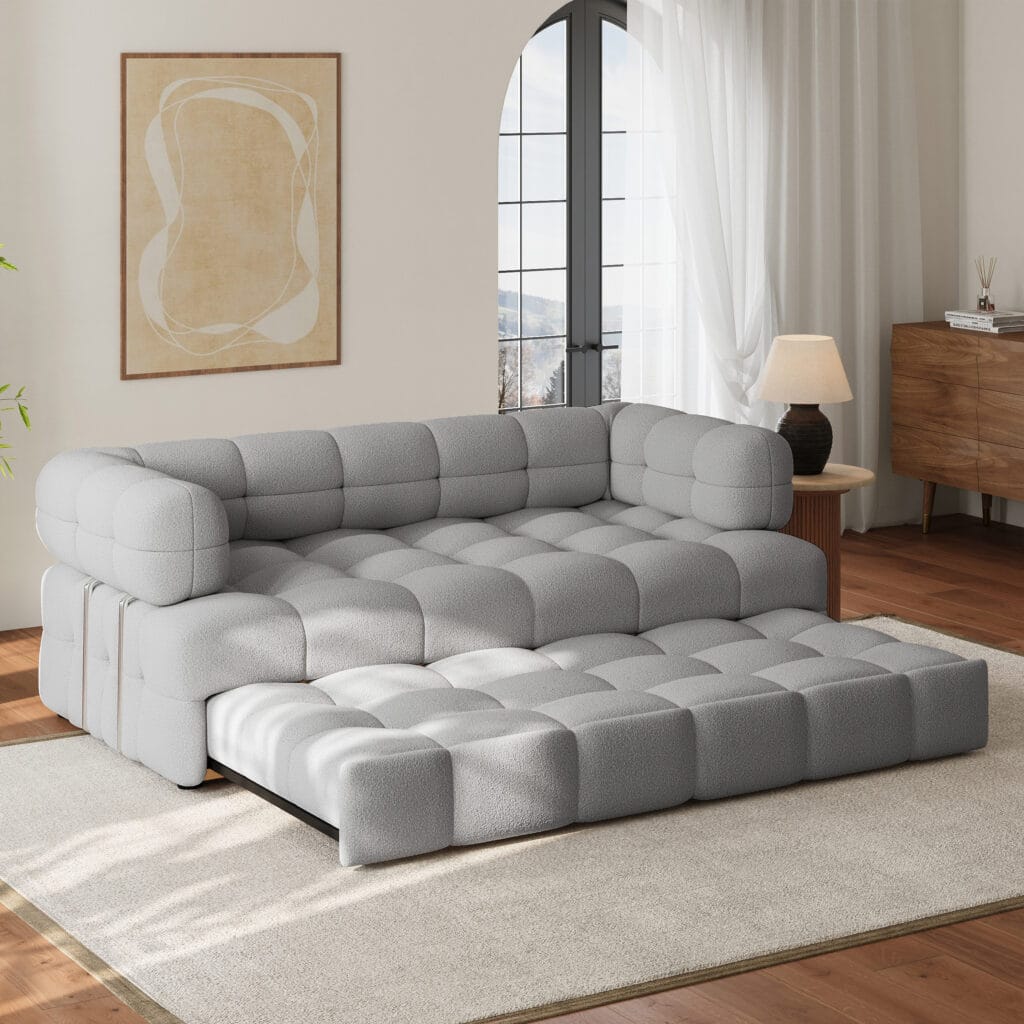 Plush boucle sleeper sofa with high-density foam for flexible comfort and restful sleep.