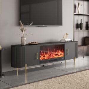 Fluted detailing and vertical textures on a modern black electric fireplace tv stand.