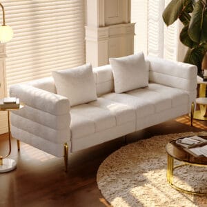 Stylish modern white boucle sofa featuring a tufted silhouette and premium upholstery.
