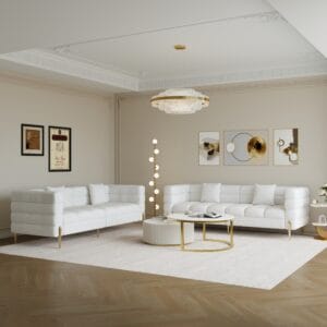Modern white leather sofa with tufted design, ideal for family gatherings and relaxation.