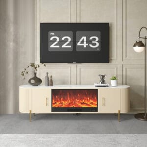 Fluted detailing enhances the realistic flame display on this electric fireplace TV stand.