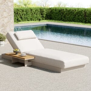 Tevara Teak Aluminum Outdoor Lounger daybed features a stylish design with soft, weather-resistant cushions.
