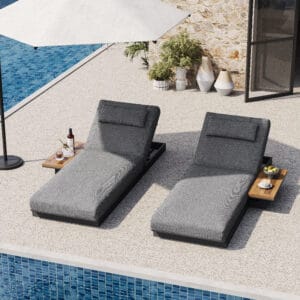 Sleek outdoor lounge chair set featuring a modern black metal frame and weather-resistant cushions.