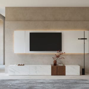 Stylish modern wood block tv stand featuring four storage drawers for ample organization.