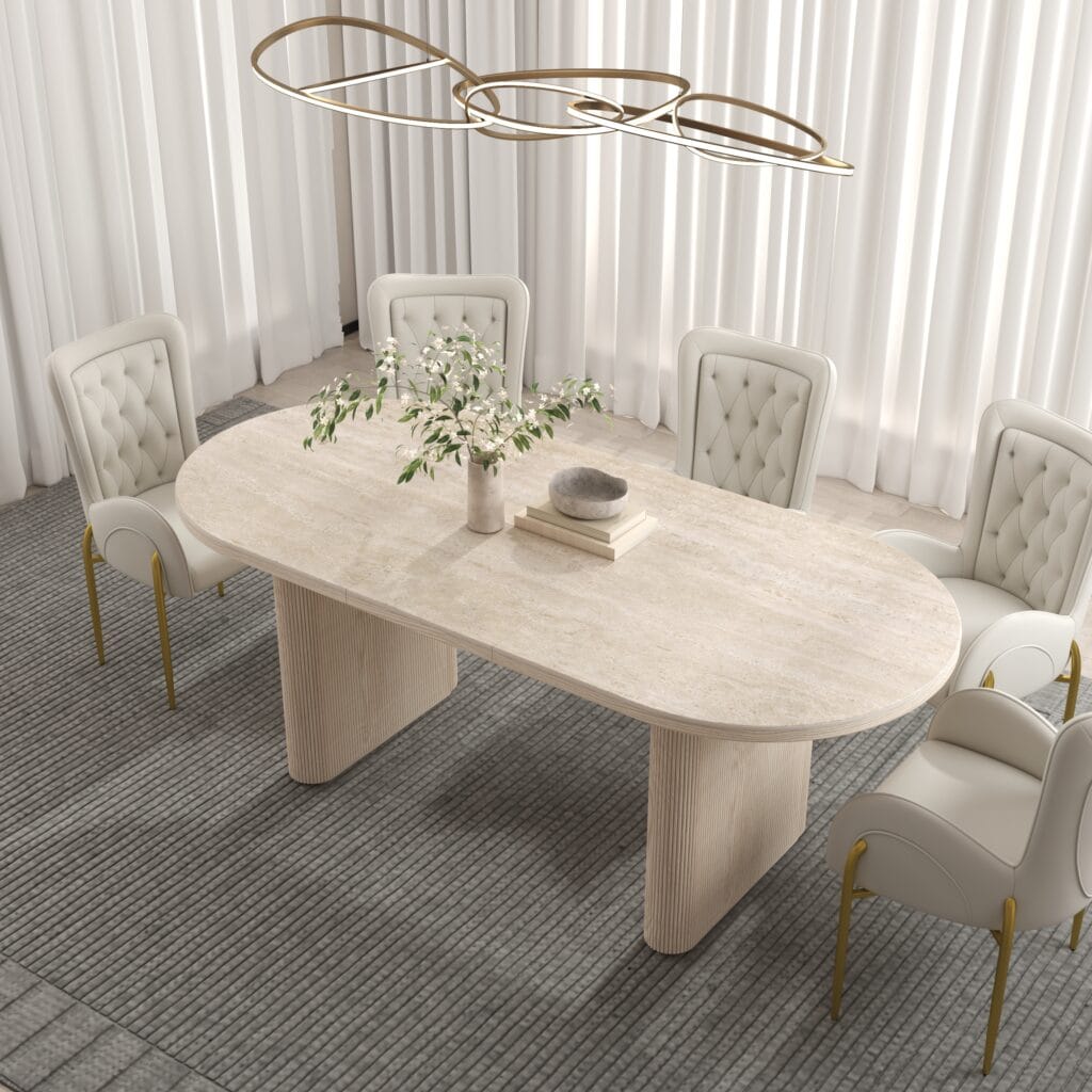 Modern extendable oval dining table features a durable sintered stone top that resists damage.