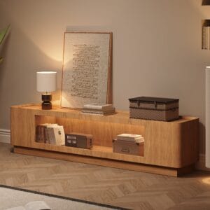Sleek Mid Century Modern TV Stand featuring a flip-down glass front and LED lighting.