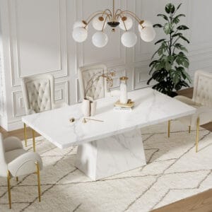 Stylish modern sintered stone dining table featuring a durable top and sculptural base.