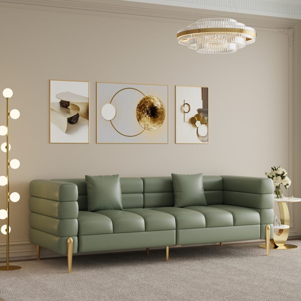 Tufted silhouette of a modern white leather sofa in premium faux leather design.