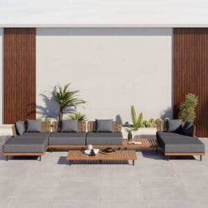 Stylish 8-piece modular outdoor sectional sofa featuring teak wood, aluminum frame, and gray cushions.