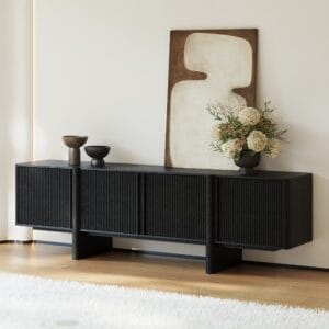 Refined walnut wood finish and fluted door detailing on a solid wood black tv stand.
