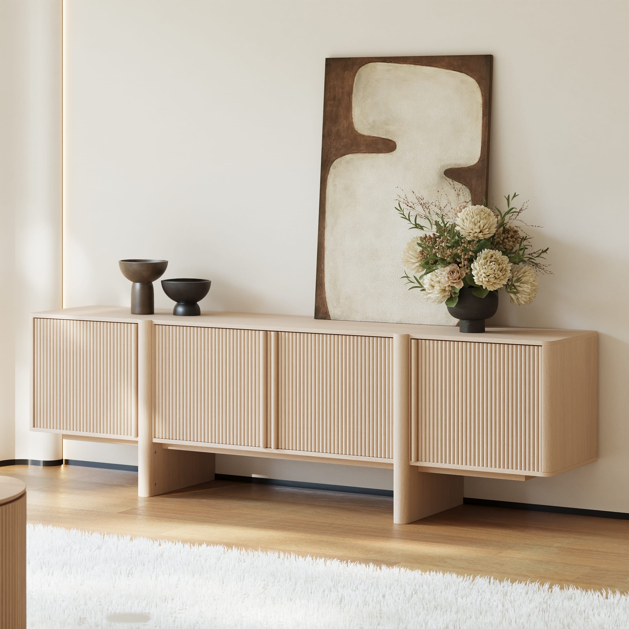 Natural Elite Solid Wood TV Stand 1 Refined walnut wood finish solid wood tv stand with fluted door detailing for stylish storage.