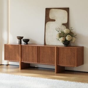 Refined walnut wood finish solid wood tv stand walnut with fluted doors for timeless charm.