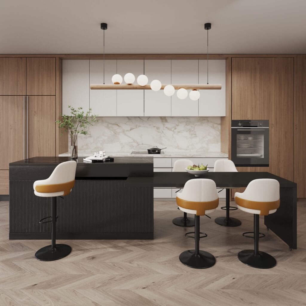 The Sicotas Collection 38 Stylish extendable kitchen island featuring a marble-pattern top and organized storage.