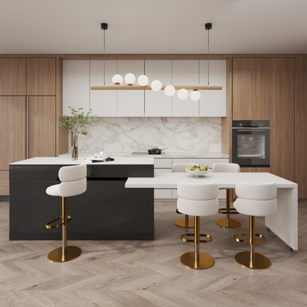 The Sicotas Collection 37 Extendable kitchen island features a marble-pattern top and organized storage for essentials.
