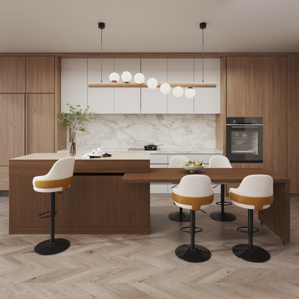 The Sicotas Collection 50 Extendable kitchen island features a marble-pattern top and organized storage for cookware.