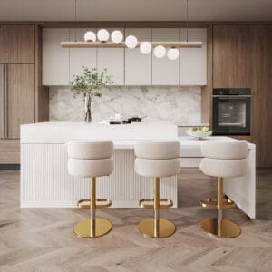 Extendable kitchen island with marble-pattern top and organized storage for essentials.