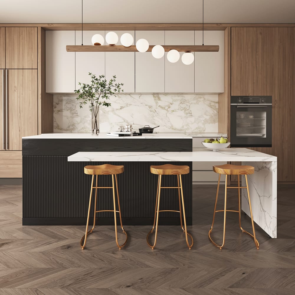 The Sicotas Collection 54 Extendable kitchen island marble top designed for extra prep space and organized storage.