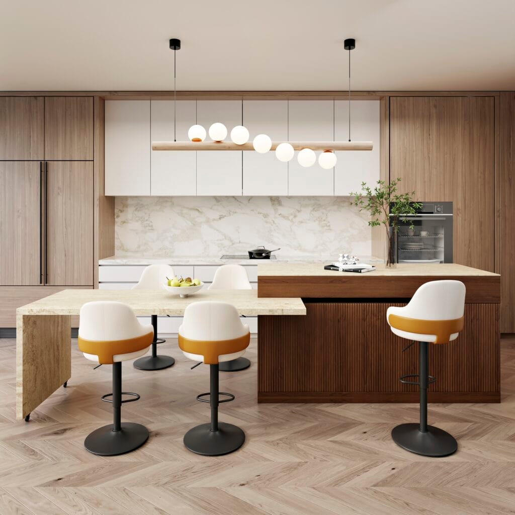 The Sicotas Collection 31 Extendable kitchen island features a marble-pattern top and organized storage for essentials.