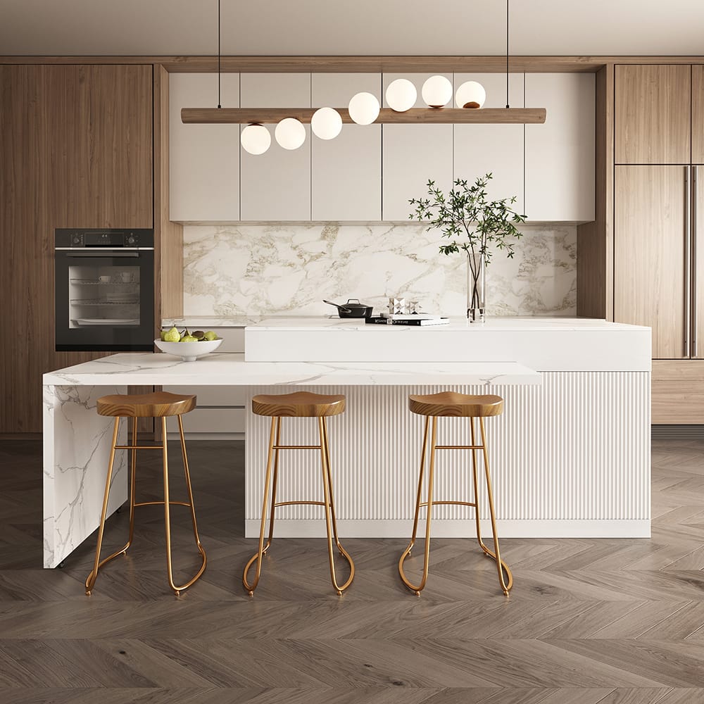 The Sicotas Collection 53 Extendable kitchen island white marble top provides extra prep space and organized storage.