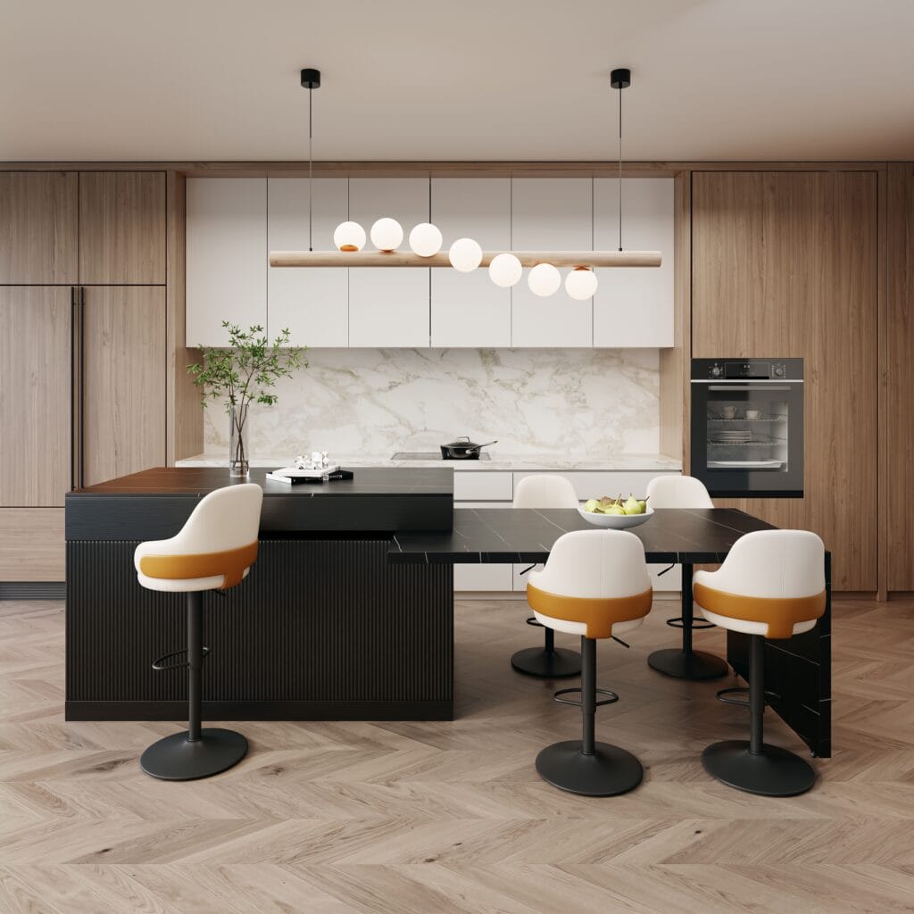 The Sicotas Collection 55 Extendable black kitchen island featuring a marble-pattern top and organized storage options.