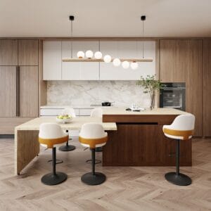 Extendable kitchen island featuring a marble-pattern top and organized storage solutions.