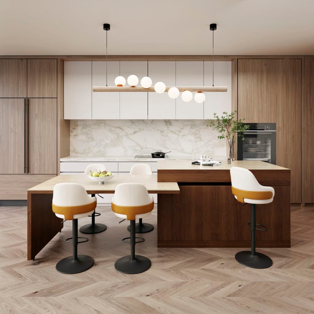This extendable kitchen island furniture features a marble-pattern top and organized storage.