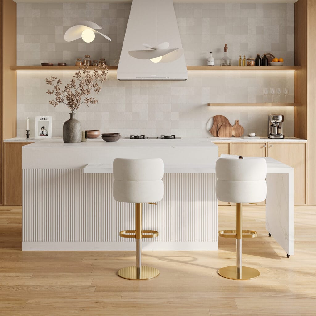 The Sicotas Collection 57 Extendable kitchen island with storage featuring a marble-pattern top and organized drawers.